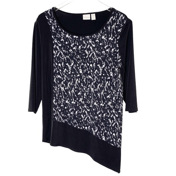 CHICO’S Blouse High low Scoop neckline Pull over 3/4 sleeves Black and white - Picture 1 of 6